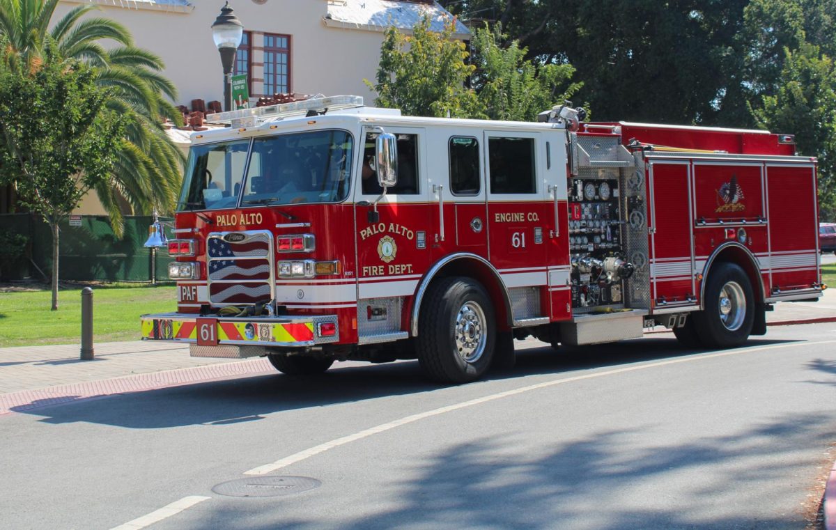 A Palo Alto Fire Department truck parked outside Palo Alto High School at 2:15 p.m., after a fog machine triggered a fire alarm and school-wide evacuation. (Photo: Maxwell Zhang) 