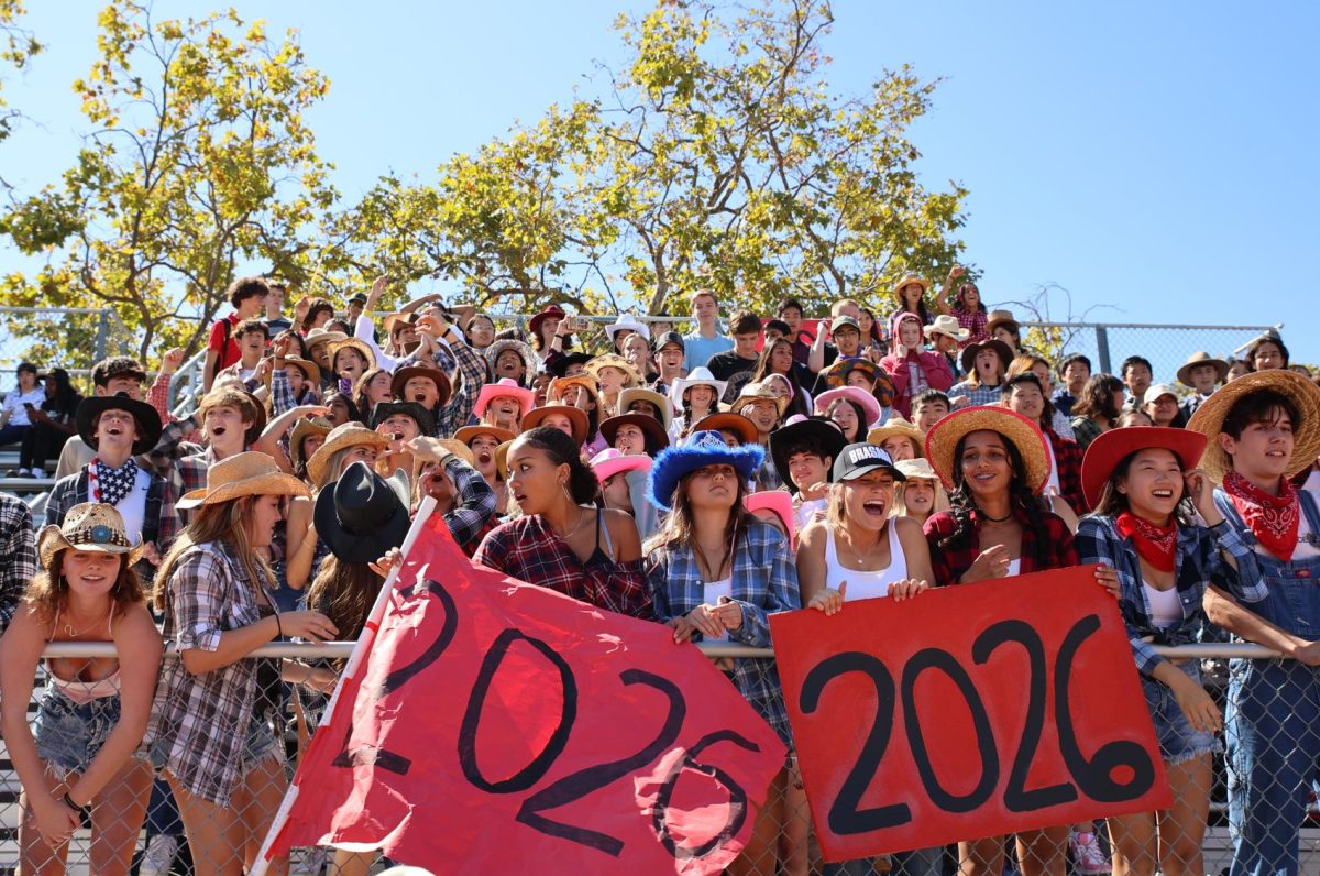 Decked out in ranch hats and plaid shirts, sophomores wave their banners during the lunch rally today at the Earl Hansen Viking Stadium. According to sophomore Tyler Cheung, he has been enjoying Spirit Week so far. Spirit Week is a lot better this year, Cheung said. I think they [dress-up themes] are pretty fun. Some are better than last years. (Photo: Arjun Jindal)