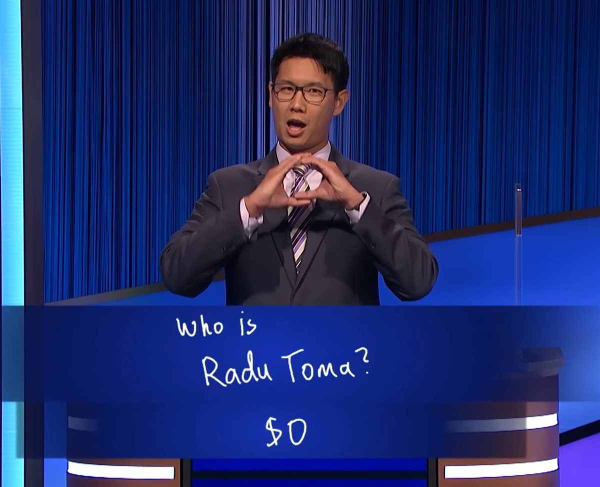 Palo Alto High School math teacher Daniel Nguyen shows his final ‘Jeopardy!’ answer “Who is Radu Toma” at the end of Friday’s episode.