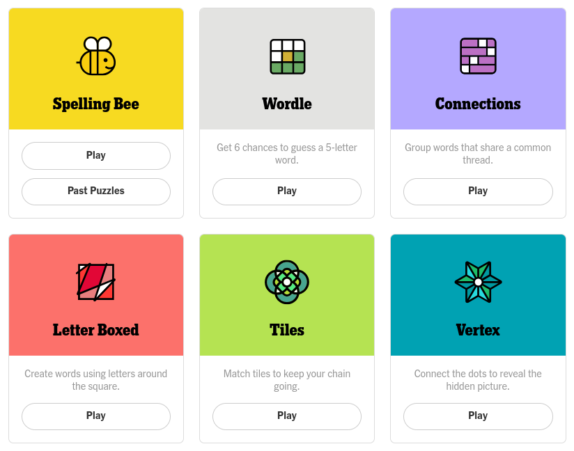 The New York Times games page has ten new puzzles for players each day. 