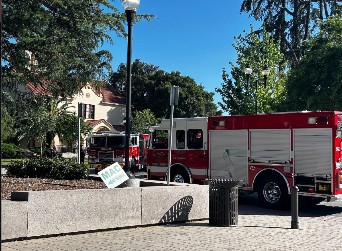The Palo Alto Fire Department arrives on scene due to fire alarms going off in the Palo Alto High School Performing Arts Center at 4:45 this afternoon. Eric Holm, Palo Alto Unified School District facilities director, said that the issue was due to smoke in the basement. A motor on a pump was smoking, and we are still investigating the cause of that, Holm said.