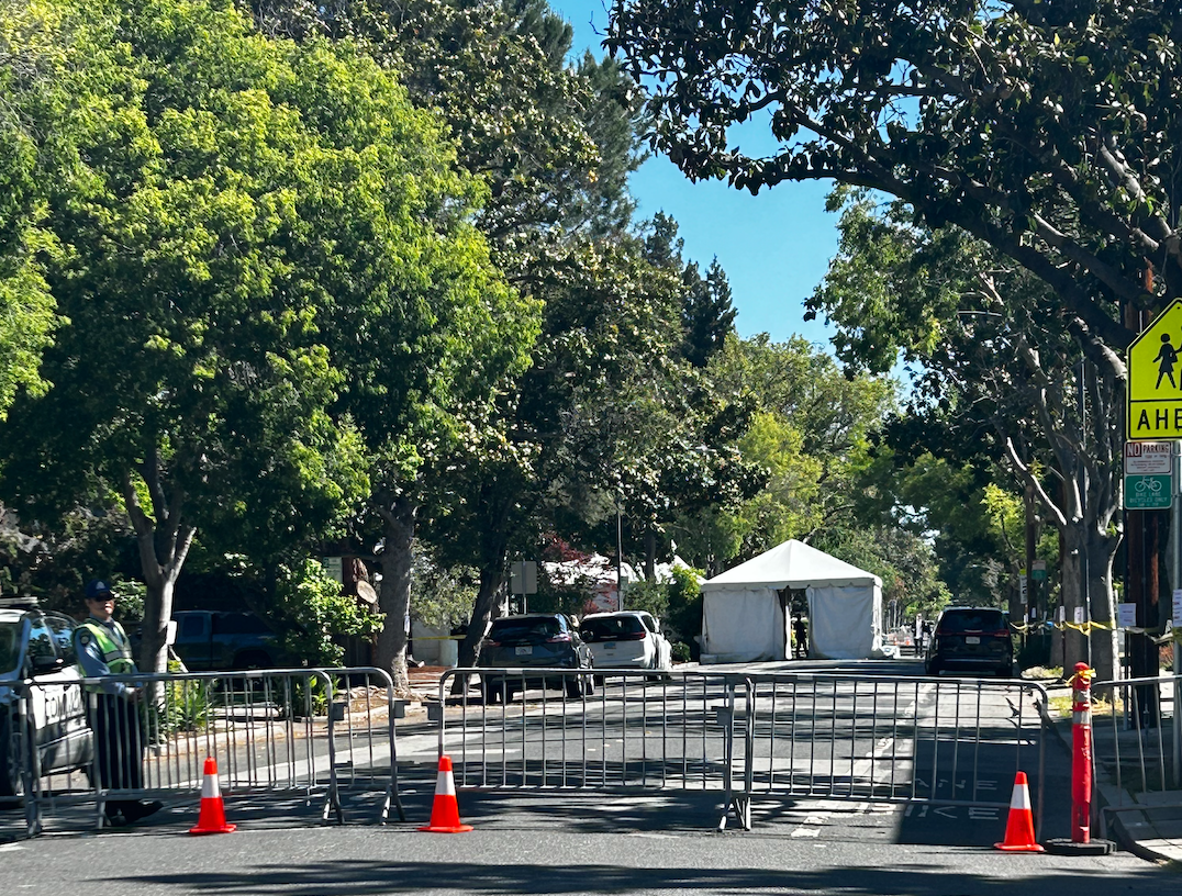 Police prepare for the arrival of President Joe Biden with tents and barricades around former Google and Yahoo executive Marissa Mayers house. According to Palo Alto High School Principal Brent Kline, students will be barred from leaving campus to go to lunch at Town and Country Village shopping center because of protestors marching in response to how Biden is addressing the Israel and Gaza conflict.