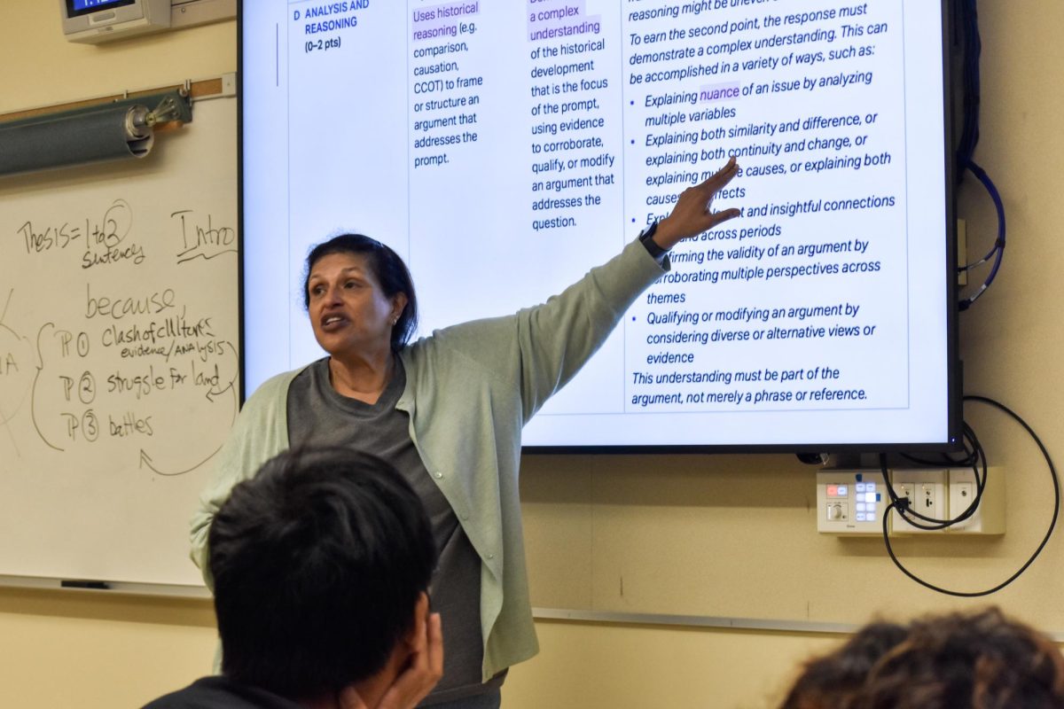 AP U.S. History teacher Katya Villalobos points at the essay-writing rubric on the screen as she walks her students through each section on Aug. 27 at Palo Alto High School. According to Villalobos, she wants to help students understand the narrative of what history truly means. “I want to add activities and assignments that get students to think about those big, larger questions about historical thinking and how they approach a question,” Villalobos said. “For APUSH, it's really about the three big things: causation, continuity and change. I want to give them the scaffolding so they feel like they can confidently answer those questions.”