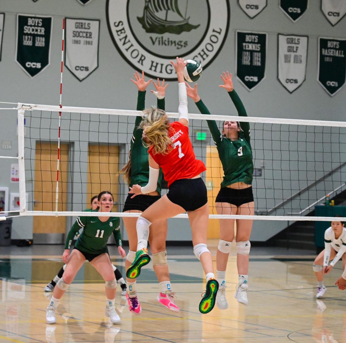 Senior middle blocker Naama Green defends against University Devil's outside hitter Lilian Bongiorno in the Vikings' third match of the season at home, where the Vikings won 3-0.  According to Green, improving after the first set helped the Vikings win the match. "What I think we did well was not letting the first set affect us for the other sets by bringing that energy, and fighting to get a lead and win the game," Green said.