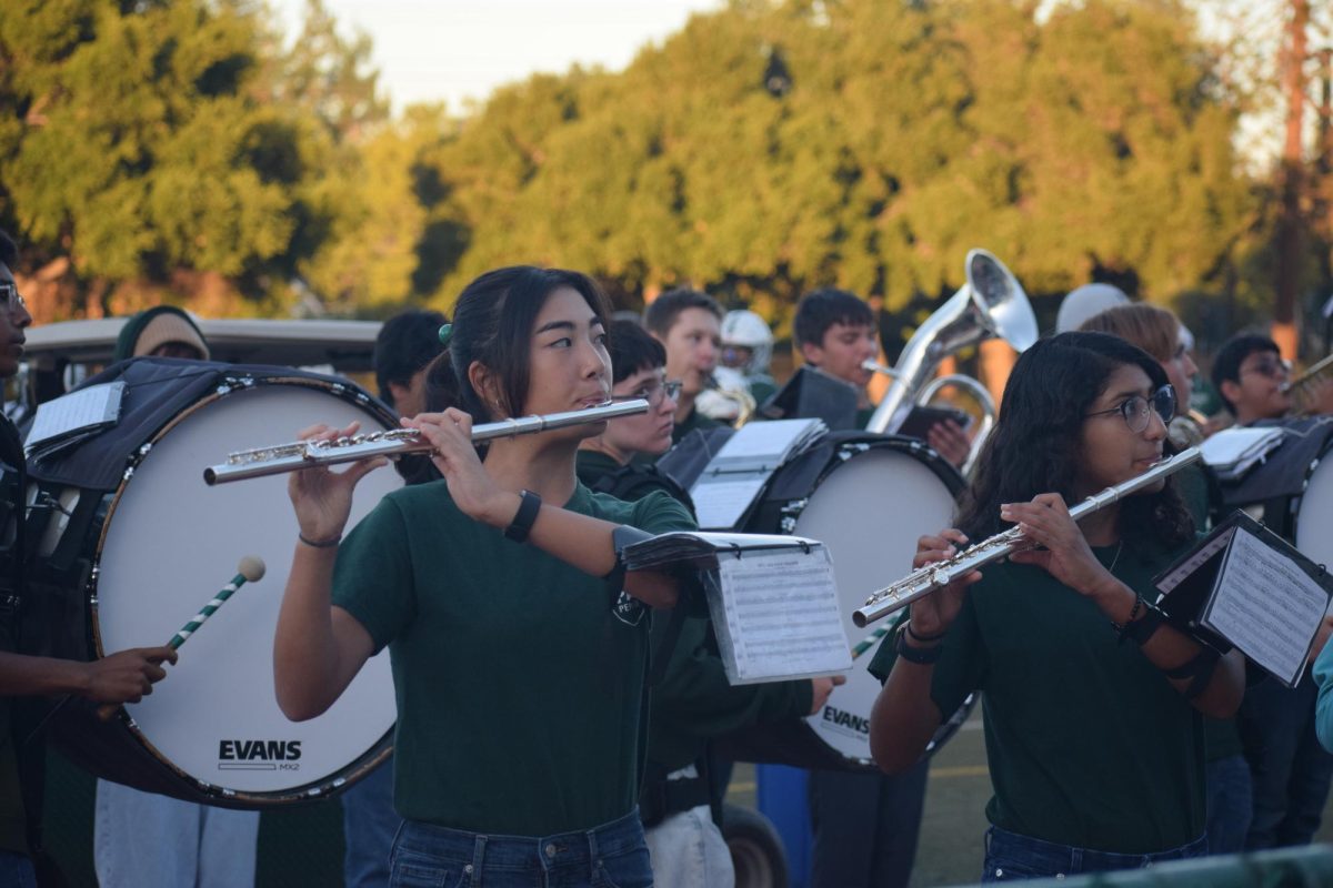 Senior Jessica Bae plays the flute during the opening of first home the football game of the season Friday at Palo Alto High School. According to Bae, the band faced challenges in preparing for the game, including long hours of practice around the track. "We stand in 80-degree weather under the sun, but it’s all worth it for the big night,” Bae said. 