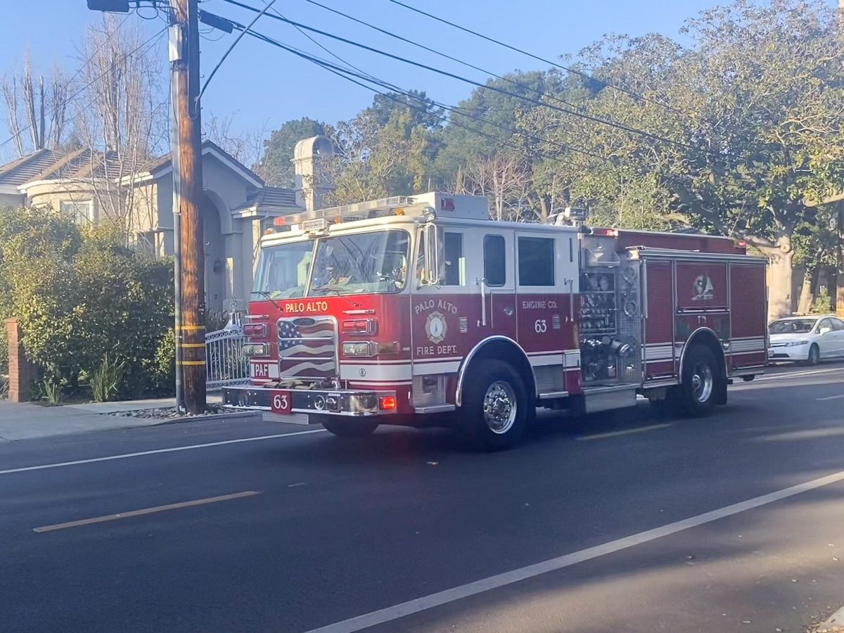 A firetruck from the Palo Alto Fire Department rushes down Churchill Avenue. The PAFD deployed local firefighters to combat the wildfires in Los Angeles Country on Jan. 9. PAFD Fire Chief Geoffrey Blackshire said that even with crew members in L.A., PAFD can still ensure the same amount of coverage for fires in Palo Alto. “When we support the state with mutual aid, we do not deplete any resources that are provided to the city,” Blackshire said. “The vacancies are filled with other shift PAFD personnel, similar to when firefighters are sick or on vacation. We always maintain the same level of response to our community.”