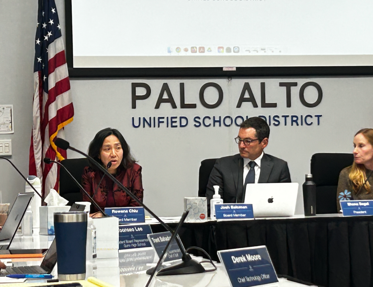 Palo Alto Unified School District board member Rowena Chiu expresses her opinions during her first board meeting on Jan. 21. Two days later, Chiu shared her thoughts on an ethnic studies class as a graduation requirement. "If we vote to pause, there has to be a practical way of moving forward with what is a deeply important course." Chiu said in the board meeting.