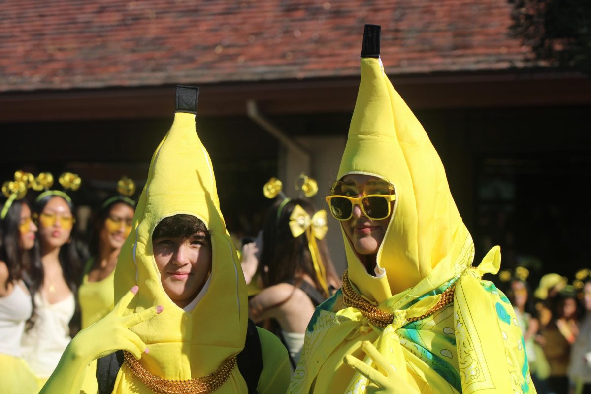 Junior winners Zoe Quinlan and Elif Dogan bask in Spirit Week glory after winning the last 'best-dressed' contest today during brunch on the Quad at Palo Alto High School. According to Quinlan, she is glad the junior class won. "I feel amazing about the win and we're doing great," Quinlan said.