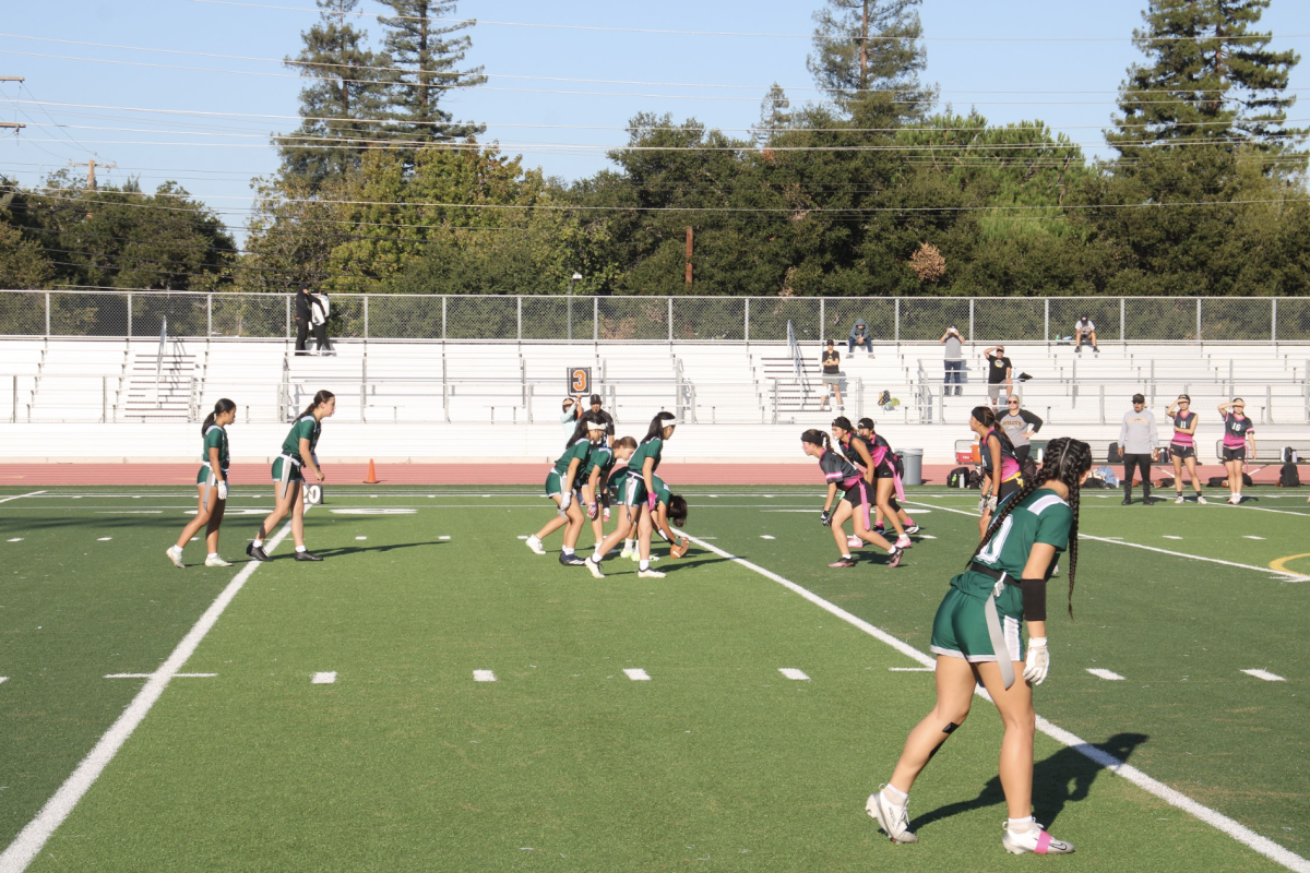 The Palo Alto High School flag football team's offense is lines up in their first drive of the game against the Wilcox Chargers, Tuesday at home. According to Viking freshman Hannah Carnser, The Vikings weren’t taking their opponent seriously enough. “I feel like we got kind of cocky and we thought it was gonna be easier than it was,” Carnser said. “I think we can focus on improving our hustle and having a better game attitude.”