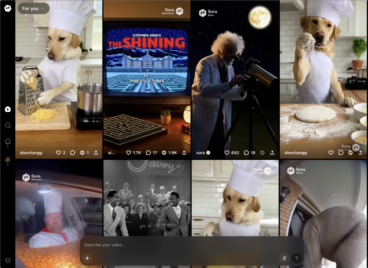 Screenshot of Sora AI's interface, containing videos like a yellow labrador cooking, an elephant on someone's porch, and a TV with "The Shining" on the screen.