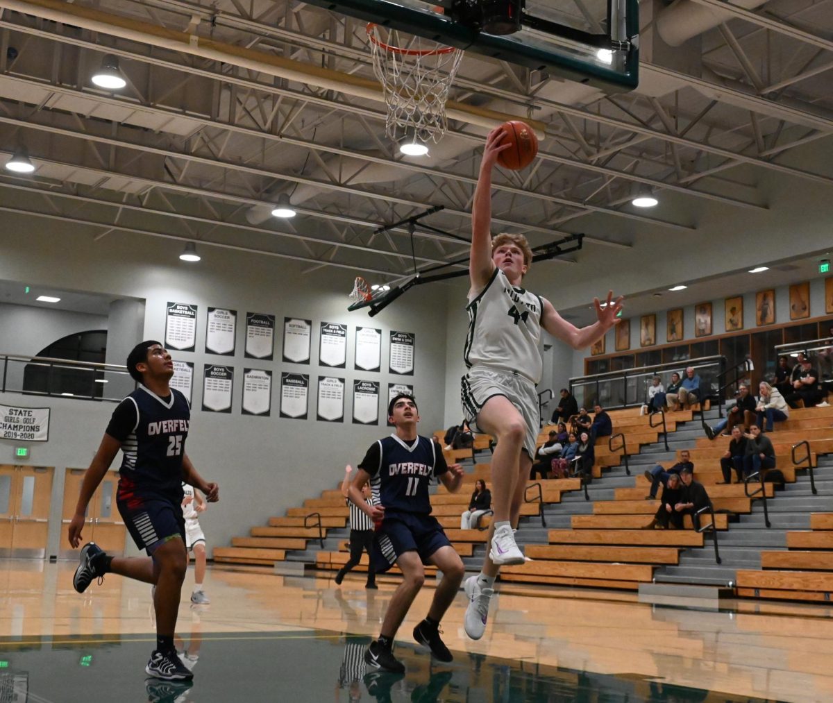 Viking senior Kevin O’ Brien scores a layup in the second quarter of the game between the Palo Alto High School Vikings and the Overfelt High School Royals Friday night at home. According to Viking head coach Jeff LaMere, the Vikings' offense has been improving. "We've really been working on offensive execution, and I thought we ran offense a lot better tonight,” LaMere said. “We had some good screening, and we hit inside."