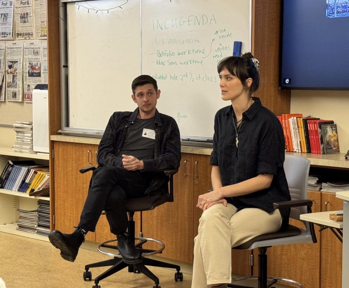 Cinematographer Bella Graves and producer Adam Dietrich speak to Incubator and The Paly Voice students about their "Rabbit Hole" documentary yesterday in the Media Arts Center. According to Dietrich, the years-long production process of documentary filmmaking requires sustained commitment from creators who must dedicate themselves deeply to a single story over time. "For a documentary, because it’s different from a written piece for a newspaper, you have to live with your story for years," Dietrich said. "Really good documentaries can take decades to make. You have to be ‘obsessed’ with your topic.”
