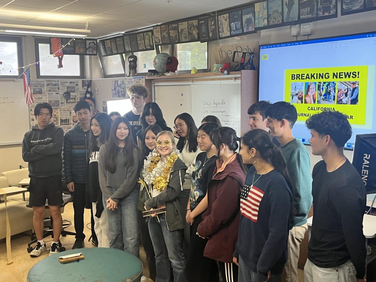 Co-editor-in-chief Ava Knapp finds out she won California Journalist of the Year and poses with the Voice staff today in the Media Arts Center. According Managing editor Joy Tan, Knapp earning this recognition came as no surprise. “Honestly, I’m not surprised or shocked at all,” Tan said. “I knew this was coming. When Ava wants to get something done, not only does she get it done, but she gets first. She really does love journalism so much and is an inspiration to the newsroom.”