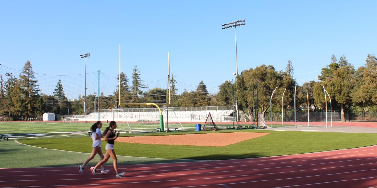 Track athletes run warm-up laps by the new shot put throwing "sector" after school on Friday at Palo Alto High School's Earl Hansen Viking Stadium. The original concrete areas around the gravel "sector" have been replaced with grassy Ameriturf, with the gravel changed to red clay. According to Physical Education teacher David Duran, the change was welcome. "It needed to be done," Duran said. "It was old, really old, and the weeds would come up year after year after year, so this is a more permanent solution."