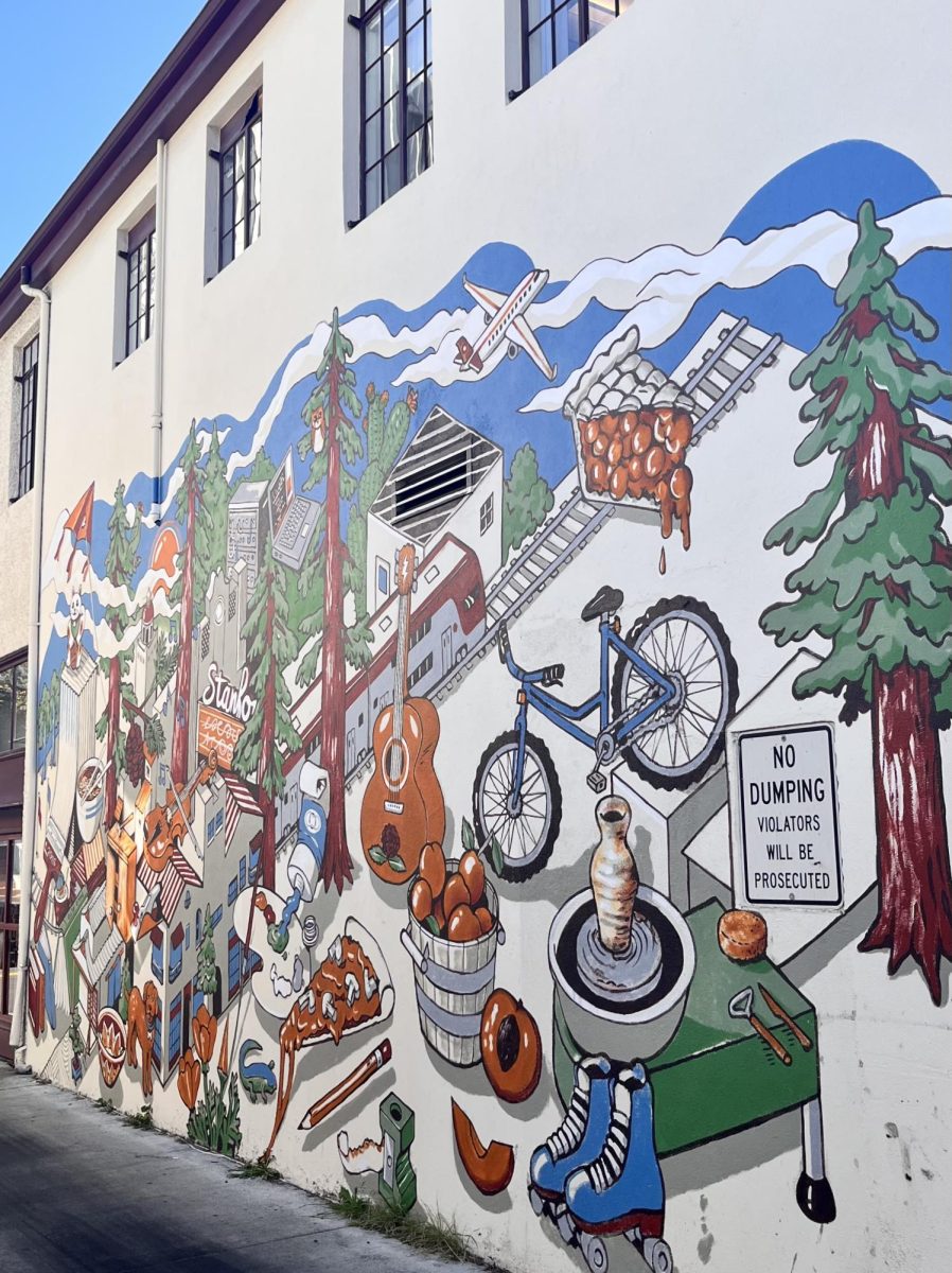 A new mural depicting Palo Alto's rich history painted by Nigel Sussman adorns the side of Pacfic Art League. According to Sussman, the mural reflects the city's history and sense of community. "This mural is a good example of a style of mural that I've developed where it's a place-making mural that tries to tell the story of a specific location," Sussman said.