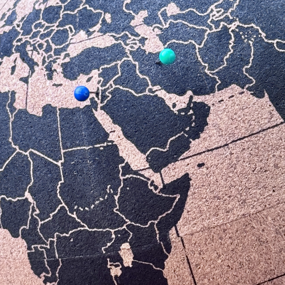 Two pins indicate Iran (green) and Israel (blue) on a globe. Palo Alto High School junior Artin Irani said that his family in Iran hasn't been able to return to a normal day-to-day life since American-Israeli strikes on Iran began on Feb. 28. "They're scared, they can't back to normal," Irani said. "There's so much happening, they don't know what to expect. They're very frightened."