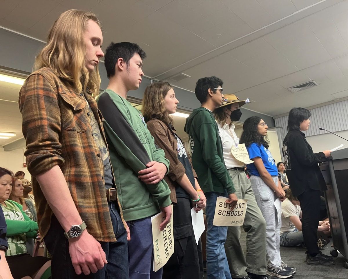 A group of students line up to deliver a "continuous speech" at the March 17 Palo Alto Unified School District school board meeting. According to junior Dorian Luo (speaking), both the students and administration want to connect with each other. “Students need to see the changes being made,” Luo said. “We know you are all working so hard behind the scenes. Please, help us bring your work to the public’s attention.”