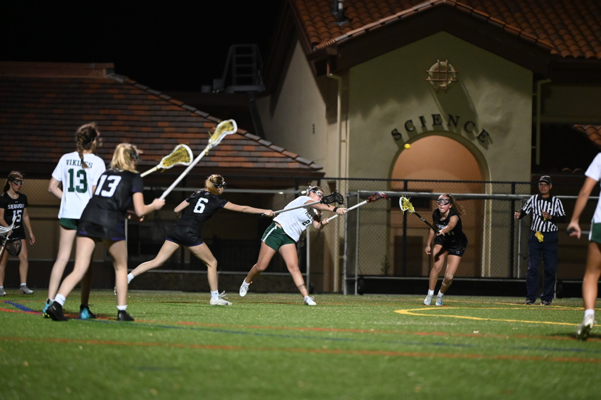 Vikings Senior Natalie Dymmel flings a ball, scoring last Friday against Sequioa High School. “It's our first in season game so this is going to set the pace for how we go out for each game following this,” Barclay said.