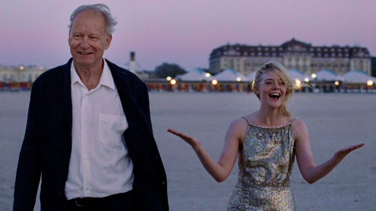 Gustav Borg (Stellan Skarsgård) walks alongside Rachel Kemp (Elle Fanning) in "Sentimental Value" (2025), a Norwegian drama that received nine Oscar nominations, most notably Best Picture.