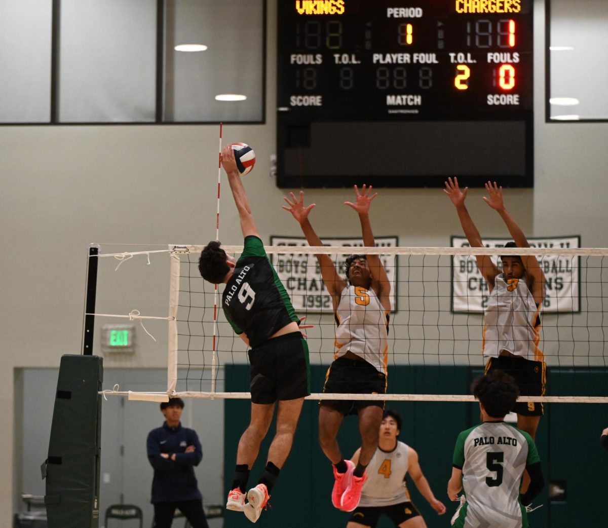 In the first set of Wednesday's loss to the Wilcox high School Chargers, Viking sophomore Diego Hakeman spikes a ball past Charger defenders. According to Viking junior libero Ben Kim, the Vikings need to stay consistent. “We lost focus for a lot,” Kim said. “There were a lot of times where we got a good few blocks or kills, and then at the next point, we would shank a ball, or let the ball drop on an easy on an easy down ball.”