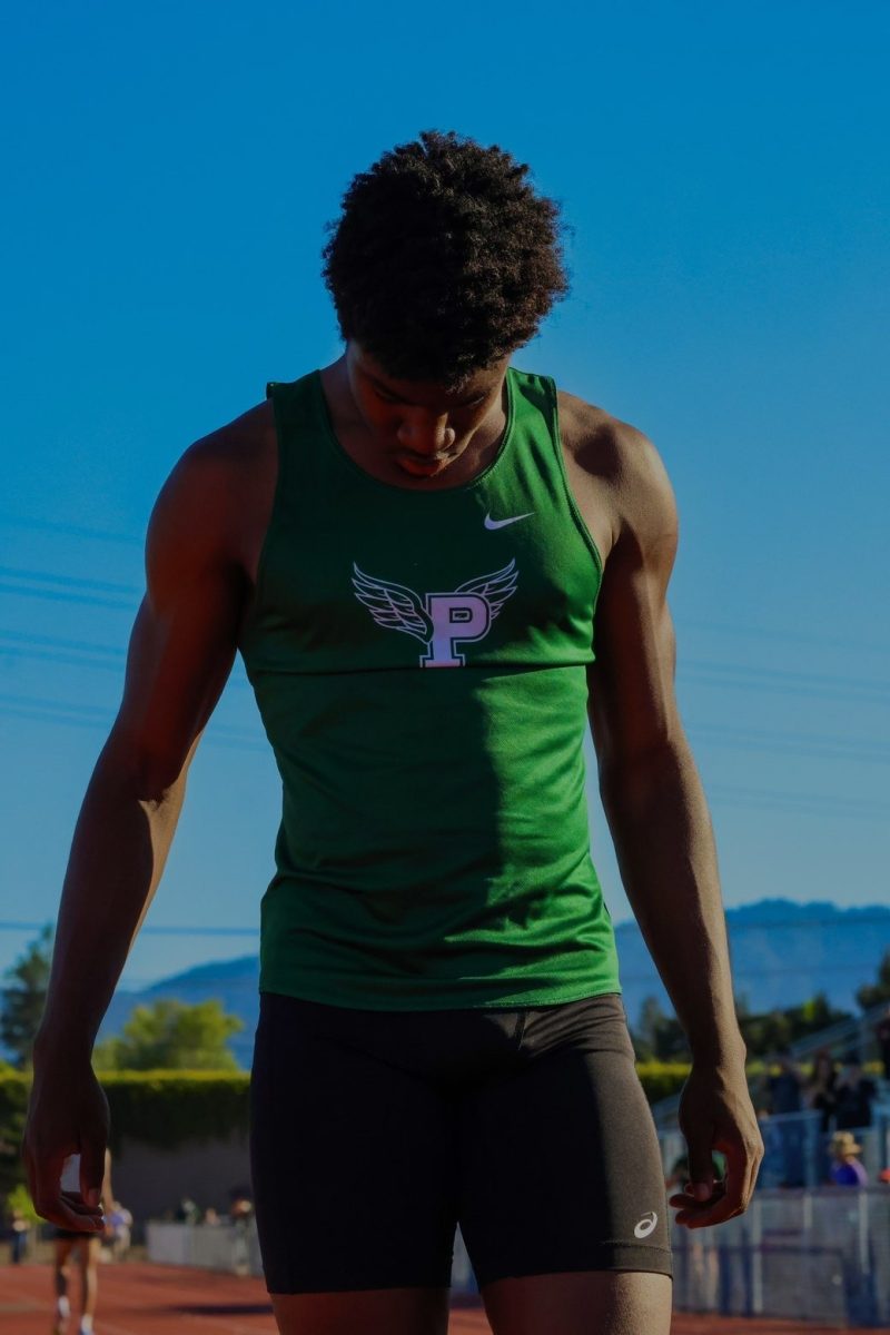 Palo Alto High School sophomore Jordan Johnsson prepares to sprint at the March 24 Homestead track meet. Johnsson said he was proud to break the 100-meter school record. “Before I went to Paly, I told my siblings my goal was to break a school record by senior year, and I ended up doing it early,” Johnsson said.