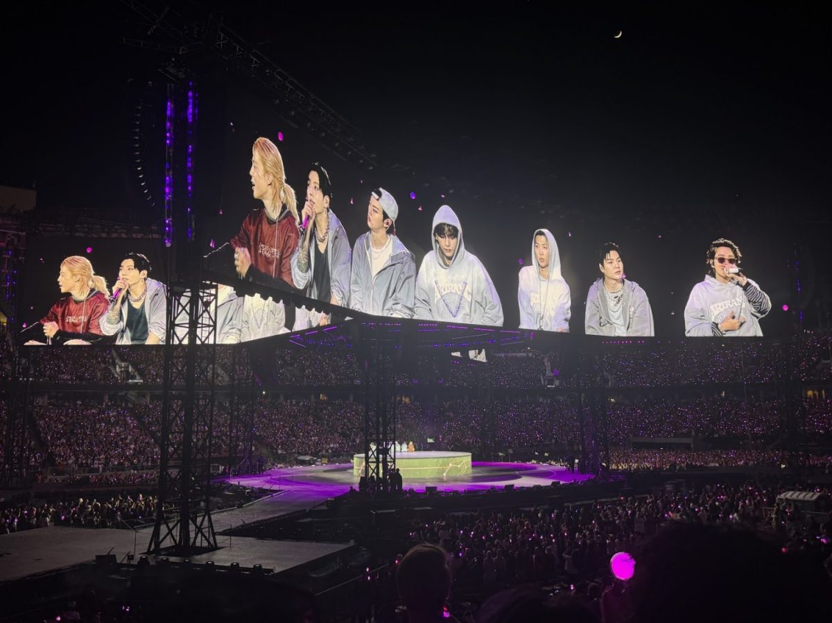Members in South Korean boy group BTS say their goodbyes during the Arirang World Tour on Tuesday at Stanford Stadium.