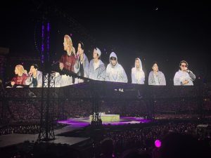 Members in South Korean boy group BTS say their goodbyes during the Arirang World Tour on Tuesday at Stanford Stadium.