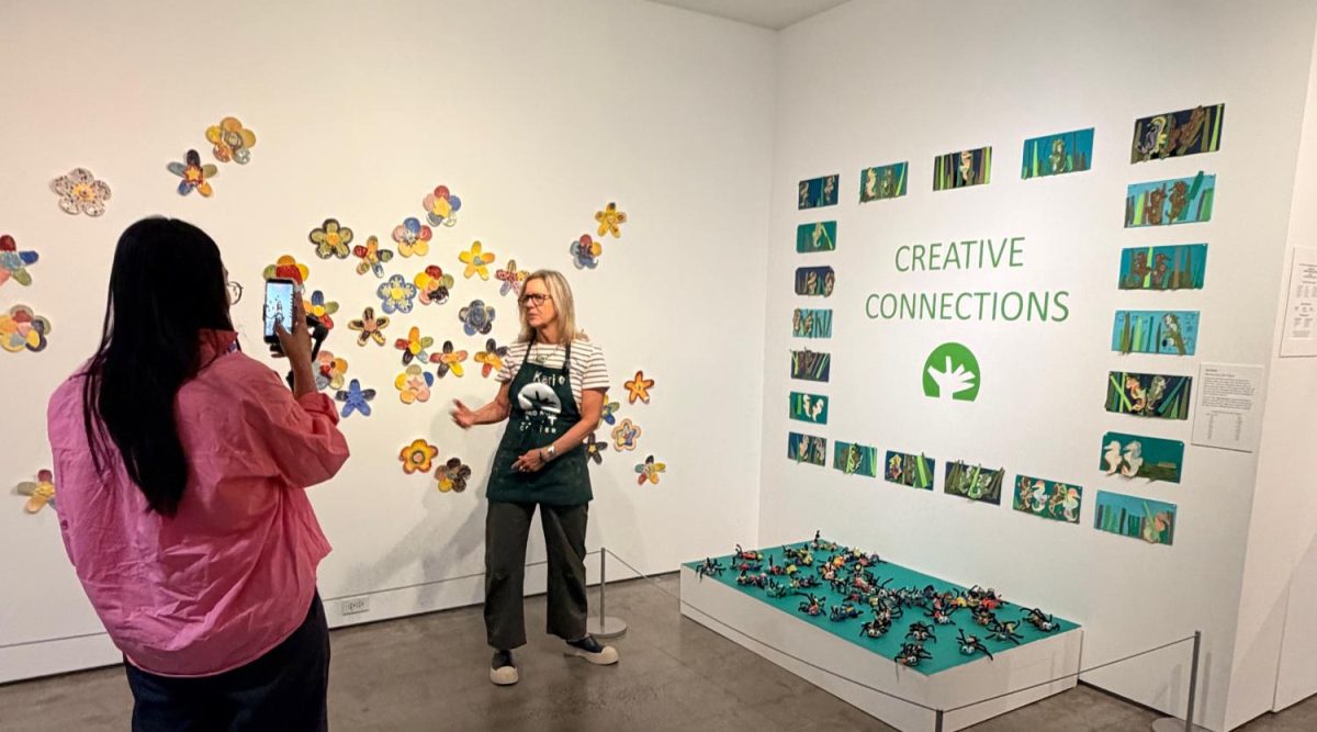 A Palo Alto Art Center staff member guides a visitor through the Youth Art Exhibit. According to 2D visual arts teacher Tracey Atkinson, going to the exhibit helps increase empathy. "Our students work hard, and a lot of times their work goes unseen," Atkinson said. "This is one of the chances people can go to see it. When people go to see it [art], it reminds you of the power of human expression and makes you more empathetic as well."